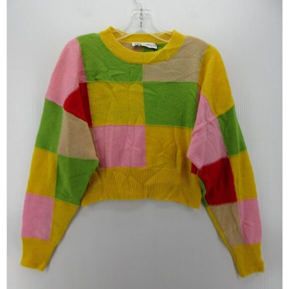 Zara Sweater Small Yellow Alpaca Crop Pullover Patches Colorful NEW - Picture 1 of 11